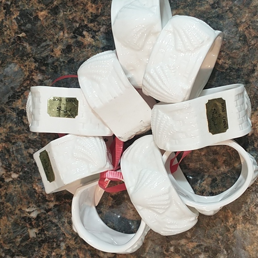 Vintage Bone China White Shefford Seashell Napkin Rings Set of 8 Total